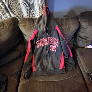 Vintage Nebraska Zip Up Hoodie with Red Interior On Hood- Well Loved